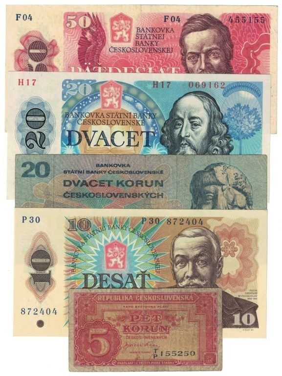 Lot von 5 Banknoten 1945 - 1988 
Banknoten, Tschechoslowakei / Czechoslovakia, ...