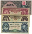 Lot von 4 Banknoten 1945 - 1993 
Banknoten, Ungarn / Hungary, Lots und Sammlungen. MAGYAR NEMZETI BANK. 1000 Pengö 1945. P.118b. III, 20 Forint 1980....