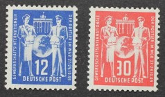 12 Pfennig, 30 Pfennig 1949 
Briefmarken / Postmarken, Deutschland / Germany. DDR. Postgwerkschaft. 12 Pfennig, 30 Pfennig 1949. Mi.Nr.: 243, 244 **