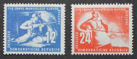 12 Pf, 24 Pf 1950 
Briefmarken / Postmarken, Deutschland / Germany. DDR. 750 Jahre Mansfelder Kupfer Bergbau. 12 Pf, 24 Pf 1950. Mi.Nr.: 273-274 **