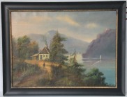 Ölgemälde 
Kunst und Antiquitäten / Art and antiques. Ölgemälde. Bayerische Schule. Landschaft. Haus am See in den Bergen, Reisender, schwarzer Rahme...