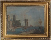 Ölgemälde 
Kunst und Antiquitäten / Art and antiques. Ölgemälde. Italien. Landschaft. Hafen, vielleicht Neapel. Maße mit Rahmen: 55 x 44 cm. Öl auf E...