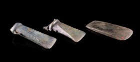 Bronze Age, lot of 3 Bronze Axes, c. 8th-7th century BC (9.7-11.5cm), including two socketed type (Urnfield culture). Green patina, good condition.