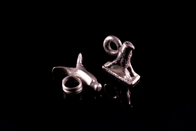 Ptolemaic Egypt, lot of 2 Silver Hawk Amulets, c. 332-30 BC (1.6cm, 2.63-3.65g)....