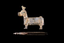 Celtic, One side of a bronze box shaped horse (40 mm - 50 mm) and bronze tweezers (67 mm). c. 2rd century BC - 1st century AD. Green patina and both d...