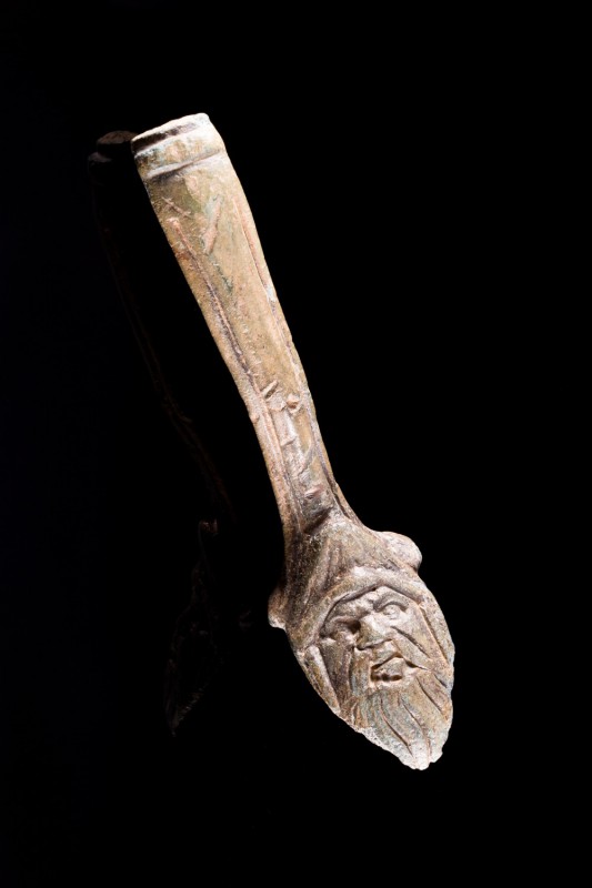 Roman Bronze Handle decorated with mask of Silenus, c. 1st-2nd century AD (9.6cm...