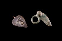 Lot of 2 Roman Bronze Phallus Amulets. c. 2nd-3rd century AD. Green patina and intact.