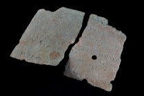 Roman, two fragments of Bronze Military Diplomas, c. 2nd century AD (7.3-7.5cm). 1: C BELLI…GRAECI NI…INGENTI… / N…TI C…TI C…MAEI ELAV…CAMILIV…MARCO. ...
