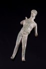 Roman Bronze Figure of Apollo with quiver strapped on his back, c. 2nd-3rd century AD (7.4cm). Arms and feet broken, green patina.