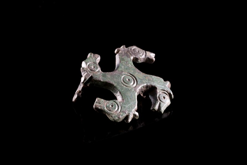 Roman Bronze Swastika Fibula, c. 2nd-3rd century AD (3.4cm). Each arm ending wit...