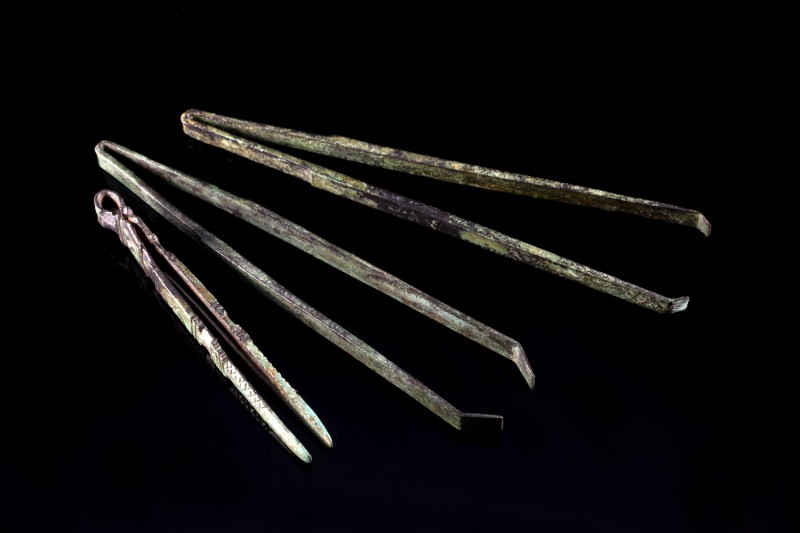 Lot of 3 Roman Bronze Tweezers, c. 1st-2nd century AD (7-11cm). One with suspens...