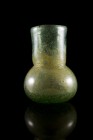 Roman Glass Flask, c. 3rd century AD (6,3cm tall, 4,6cm base diameter). Funnel mouthed bulbous body. Translucent green-blue, intact.