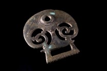 Large Roman Bronze Openwork Buckle with scrolled decoration. c. 3rd century AD. (8.5cm - 8cm). Green patina with minor cracks and light scratches, oth...