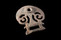 Large Roman Bronze Openwork Buckle with scrolled decoration. c. 3rd century AD. (8cm - 7cm). Green patina with insignificant corrosions, otherwise int...