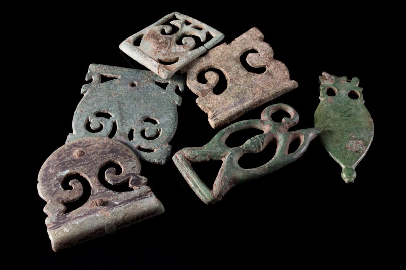 Lot of 6 Roman Bronze Fittings, Belt Buckles and Appliques. c. 3rd-4th century A...
