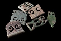 Lot of 6 Roman Bronze Fittings, Belt Buckles and Appliques. c. 3rd-4th century AD. Green patina, minor corrosions, otherwise in good condition.