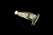 Roman Bronze Crossbow Fibula, 3rd-4th century AD (4.6cm). Carved decoration with triangle and square patterns. Two knobs broken, green patina.