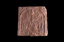Danube Region, Lead Mysterious Rectangular Plaquette, c. 2nd - 4th century AD (7.5x8cm). In the form of rectangular aedicula; on thympanum, to l., bus...