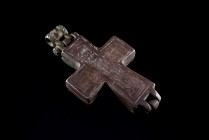 Byzantine Silvered Bronze Reliquary Cross, c. 9th - 12th century AD (10x5,4cm). Engraved with Christ upon the cross; IC-XC above; IΔEOYI - IΔOYH IH / ...