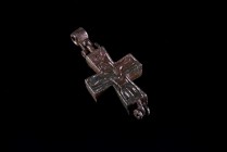 Byzantine Bronze Enkolpion (Reliquary Cross), c. 10th century AD. (5- 2.3cm). On one side, standing figure of the Christ and on the other, standing fi...