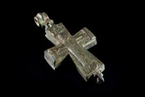 Byzantine Bronze Reliquary Cross (Enkolpion), c. 10th-12th century AD (10.5cm). Christ upon the cross in relief, flanked by Mary and John the Baptist;...