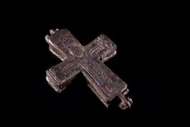 Byzantine Bronze Enkolpion (Reliquary Cross), c. 10th-12th century AD (7.7m). Christ upon the cross in relief, flanked by Mary and John the Baptist. R...