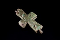 Byzantine Bronze Enkolpion (Reliquary Cross), c. 10th-12th century AD (7.5m). Christ upon the cross in relief, flanked by Mary and John the Baptist. R...