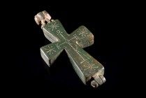 Byzantine Bronze Enkolpion (Reliquary Cross) with St. Cyrus, c. 10th-12th century AD (7.3cm). Engraved AΓHOC AΓHOC / KVPHOC. R/ Cyrus cruciform monogr...