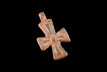 Byzantine Bronze Cross Pendant, c. 12th-14th century AD (4cm). Green patina, good preservation.