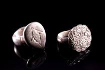 Lot of 2 Medieval Silver Finger Rings, showing different engravings. c. 14th-15th century. Intact.