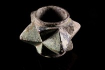 Medieval Bronze "Morning Star" Mace Head, c. 14th-15th century (4x4.5cm). Four pyramidal projections and a waisted square core with circular shaft hol...