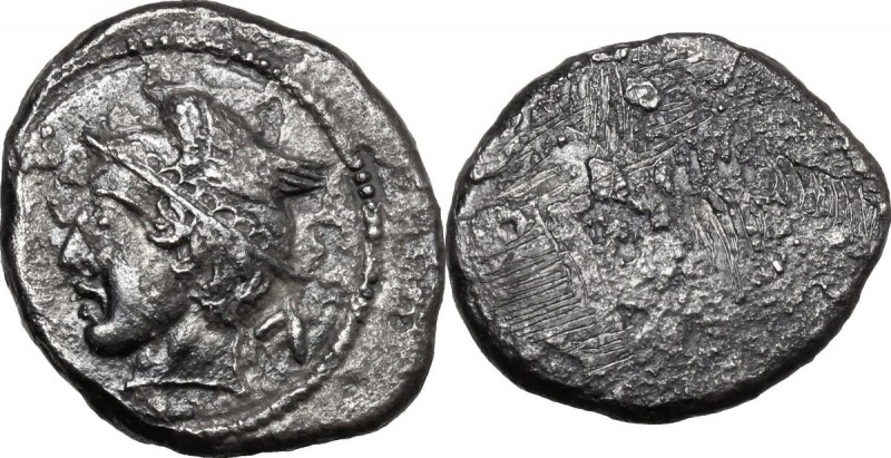 Greek Italy. Etruria, Populonia. AR 5-Units, 4th century BC. D/ Head of Turms le...