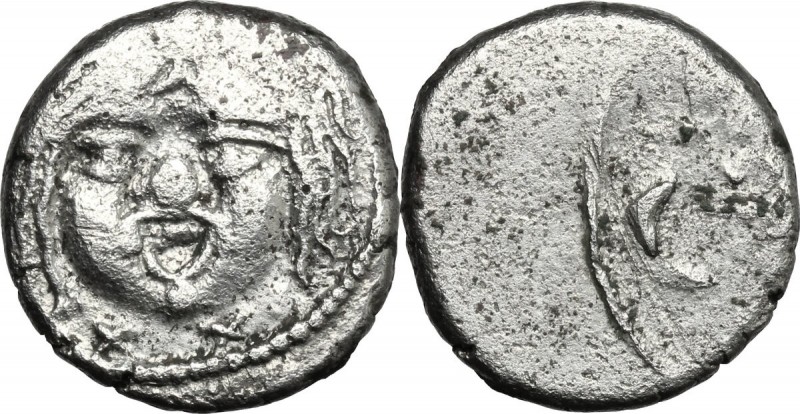 Greek Italy. Etruria, Populonia. AR 20-Asses, 3rd century BC. D/ Facing head of ...