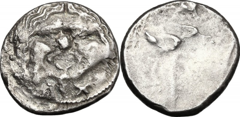 Greek Italy. Etruria, Populonia. AR 20-Asses, c. 300-250 BC. D/ Facing head of M...