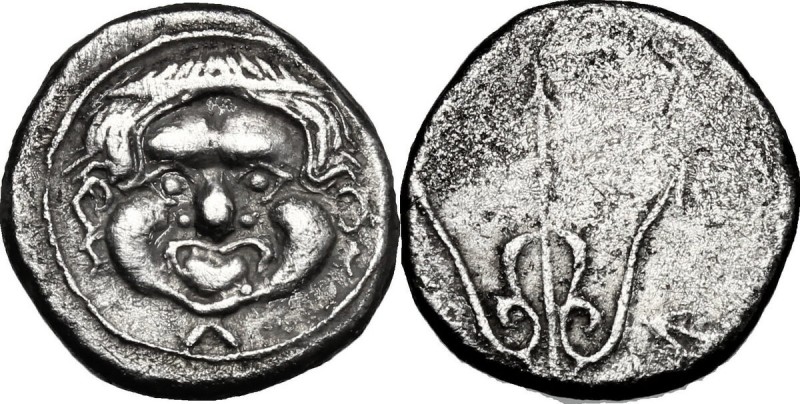 Greek Italy. Etruria, Populonia. AR 5-Asses, 3rd century BC. D/ Facing head of M...