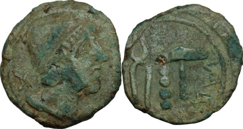 Greek Italy. Etruria, Populonia. AE Triens of 10-Units, late 3rd century BC. D/ ...