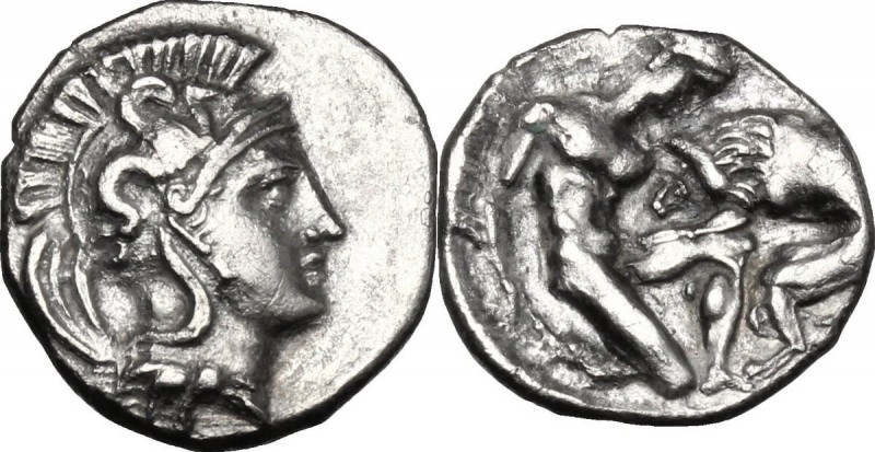 Greek Italy. Southern Apulia, Tarentum. AR Diobol, c. 380-325 BC. D/ Helmeted he...