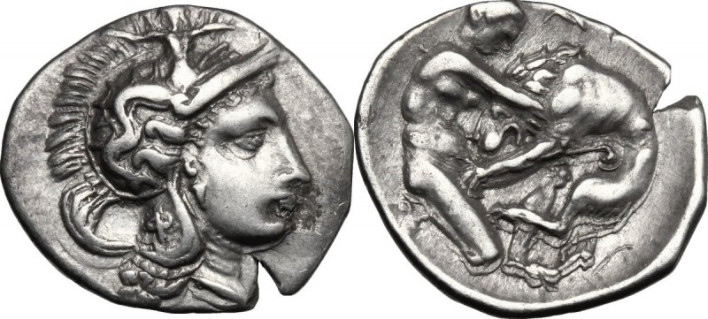 Greek Italy. Southern Apulia, Tarentum. AR Diobol, c. 325-280. D/ Head of Athena...