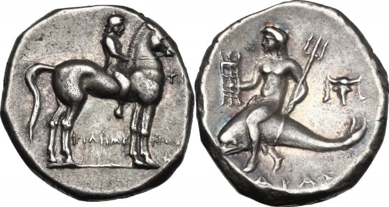 Greek Italy. Southern Apulia, Tarentum. AR Nomos, 273-240 BC. D/ Youth on horse ...