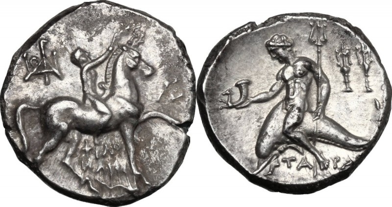 Greek Italy. Southern Apulia, Tarentum. AR Nomos, c. 240-228 BC. D/ Nude youth c...