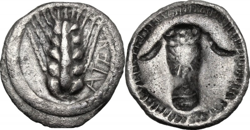 Greek Italy. Southern Lucania, Metapontum. AR Triobol, c. 470-440 BC. D/ Five-gr...