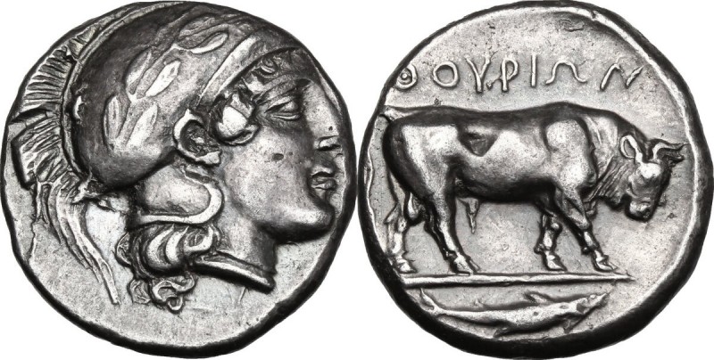 Greek Italy. Southern Lucania, Thurium. AR Stater, 443-400 BC. D/ Head of Athena...