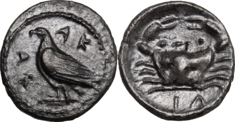 Sicily. Akragas. AR Litra, c. 470-425 BC. D/ AK-P (retrograde) A. Eagle standing...