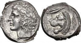 Leontini. AR Tetradrachm, c. 430-425 BC. From a reverse die signed by the \"Maestro della foglia\"""""