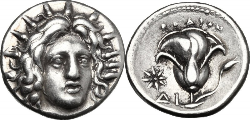 Greek Asia. Islands off Caria, Rhodes. AR Didrachm, c. 250 BC. D/ Radiate head o...