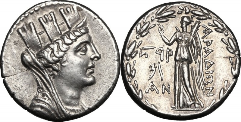 Greek Asia. Phoenicia - Arados. AR Tetradrachm, dated 196 (64-63 BC). D/ Turrete...