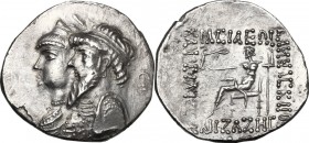 Kings of Elymais.  Kamnaskires III, with Anzaze (c. 82-72 BC).. AR Tetradrachm, Seleukeia on the Hedyphon mint, dated 82-75 BC