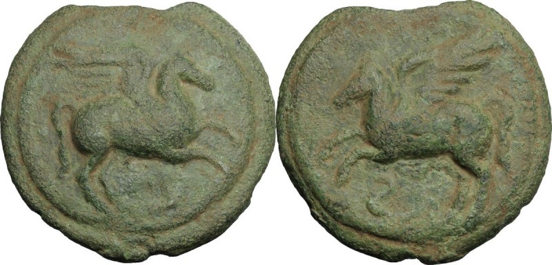 Apollo/Apollo series. AE Cast Semis, c. 275-270 BC. D/ Pegasus flying right; bel...