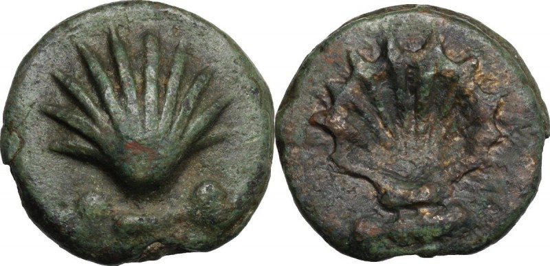 Roma/Roma with club series. AE Cast Sextans, c. 213 BC. D/ Cockle-shell seen fro...