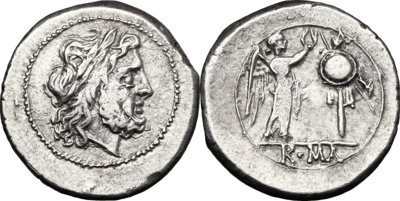 Anonymous. AR Victoriatus, from 211 BC. D/ Laureate head of Jupiter right. R/ Vi...
